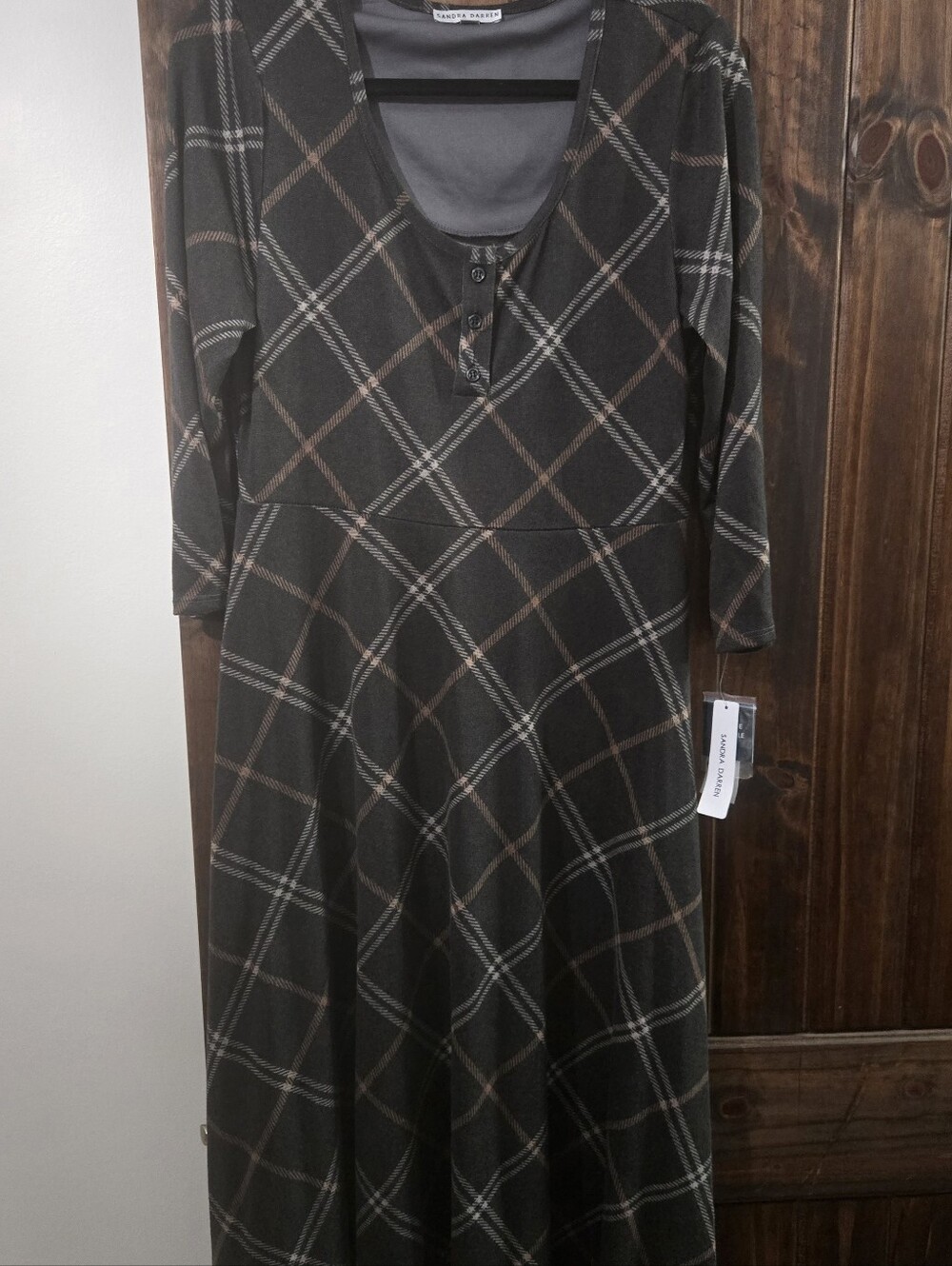 Sandra Darren Gray and Tan Plaid Long Sleeve Fit-and-Flare Dress